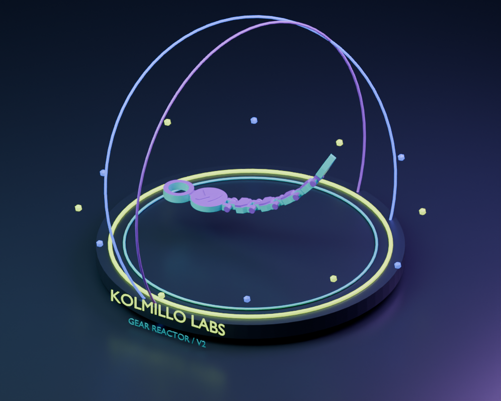 Modelo real de Cola Remolino V2, con anillo, medallón y vértebras aqua y morado, presentado sobre una plataforma de exhibición
